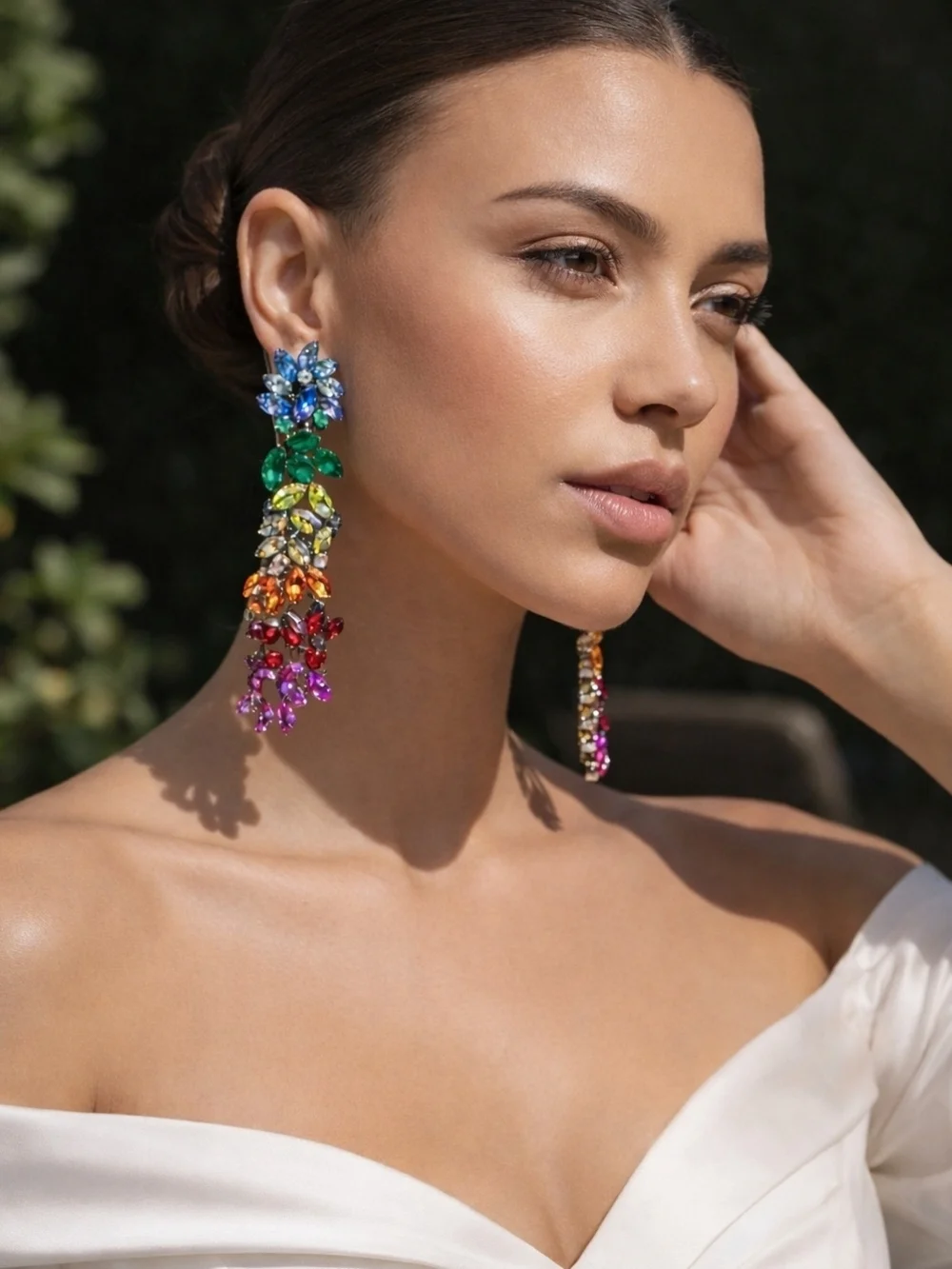 Rainbow Crystals Floral Cascade Statement Earrings